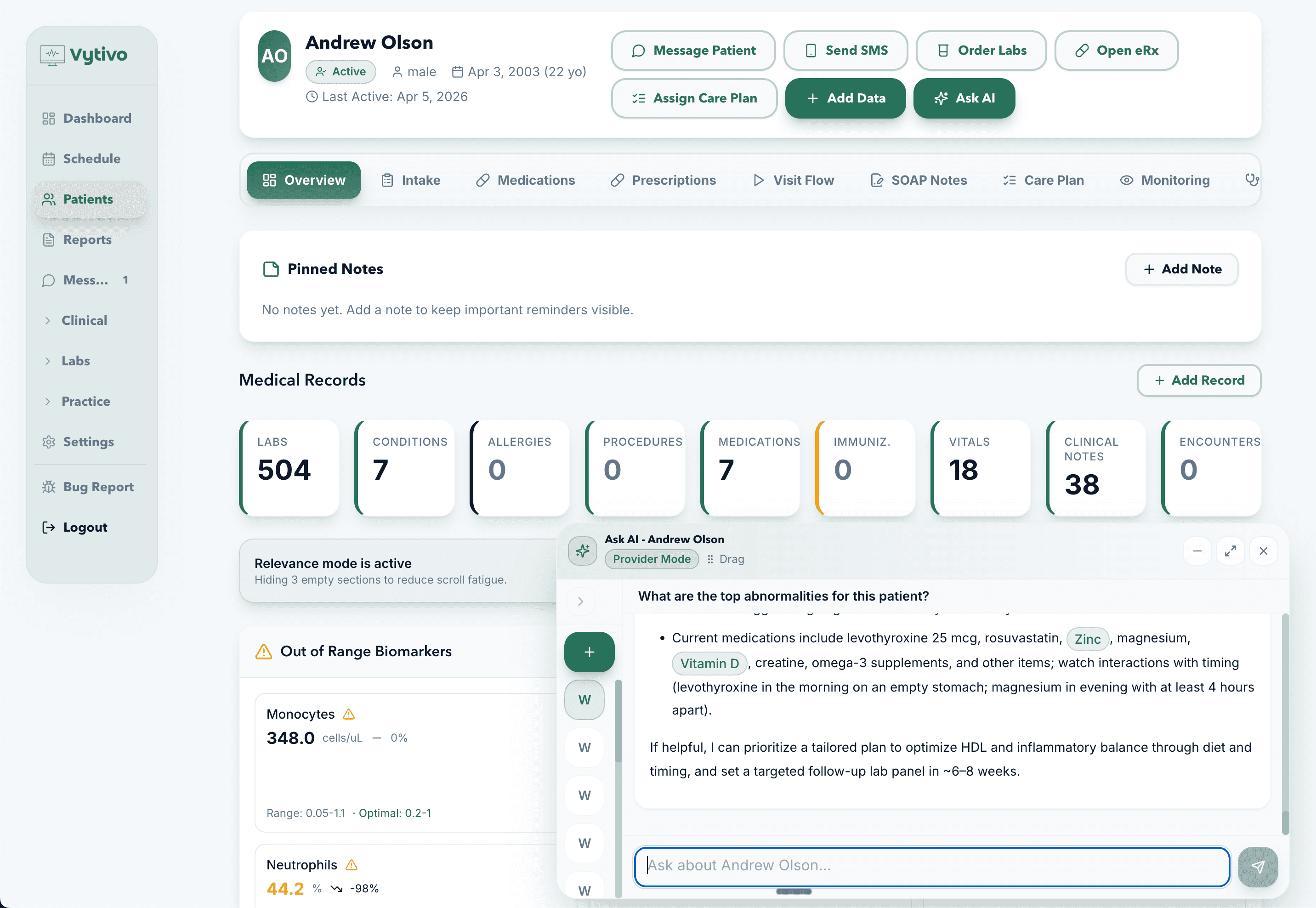 Vytivo EHR dashboard showing patient records, AI copilot, and biomarker tracking