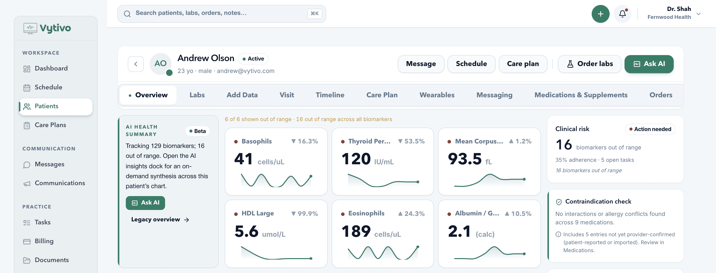 A PracticeHQ patient overview with an AI health summary, out-of-range biomarkers with trends, and a contraindication check.