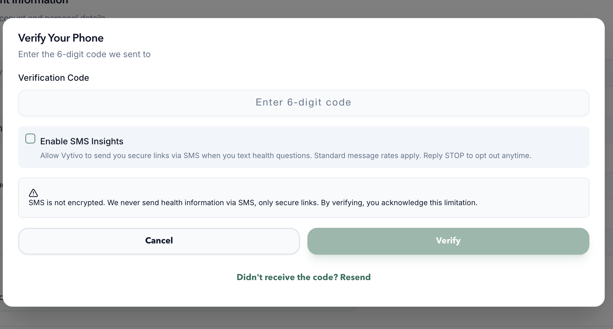 OTP verification dialog with unchecked Enable SMS Insights checkbox and consent disclosure text